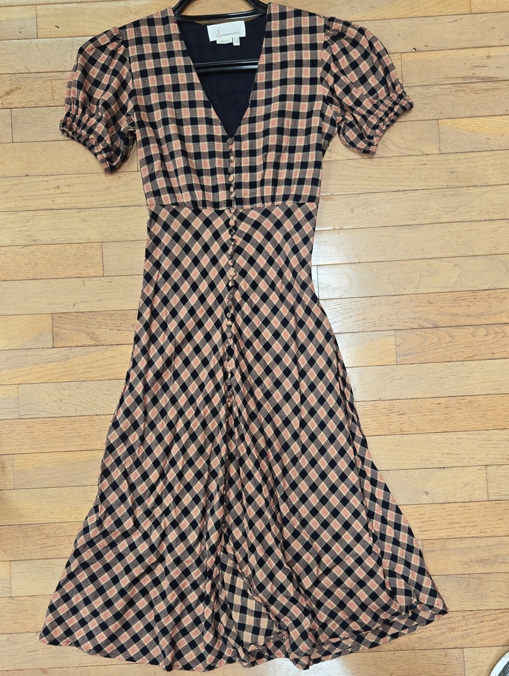 Anthropologie 0P Brand Black and Tan Gingham Midi Dress